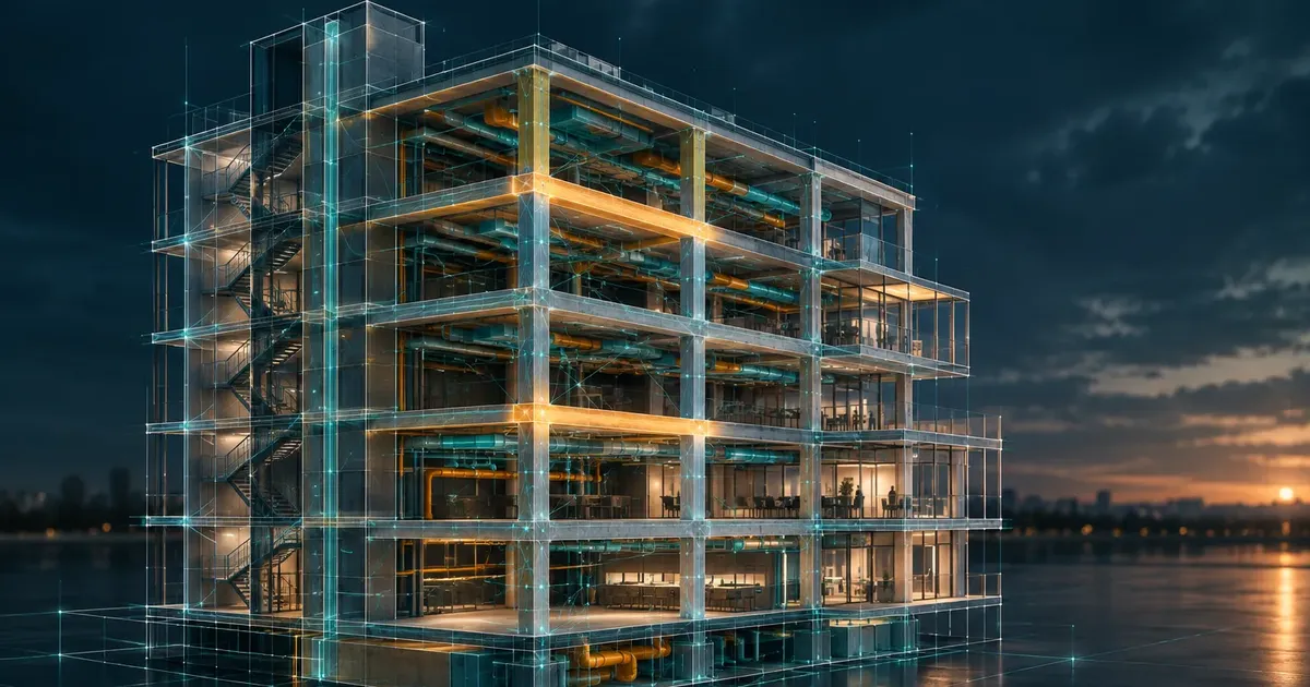 Translucent BIM model of a multi-storey building at night, with teal and amber MEP systems visible through the structure