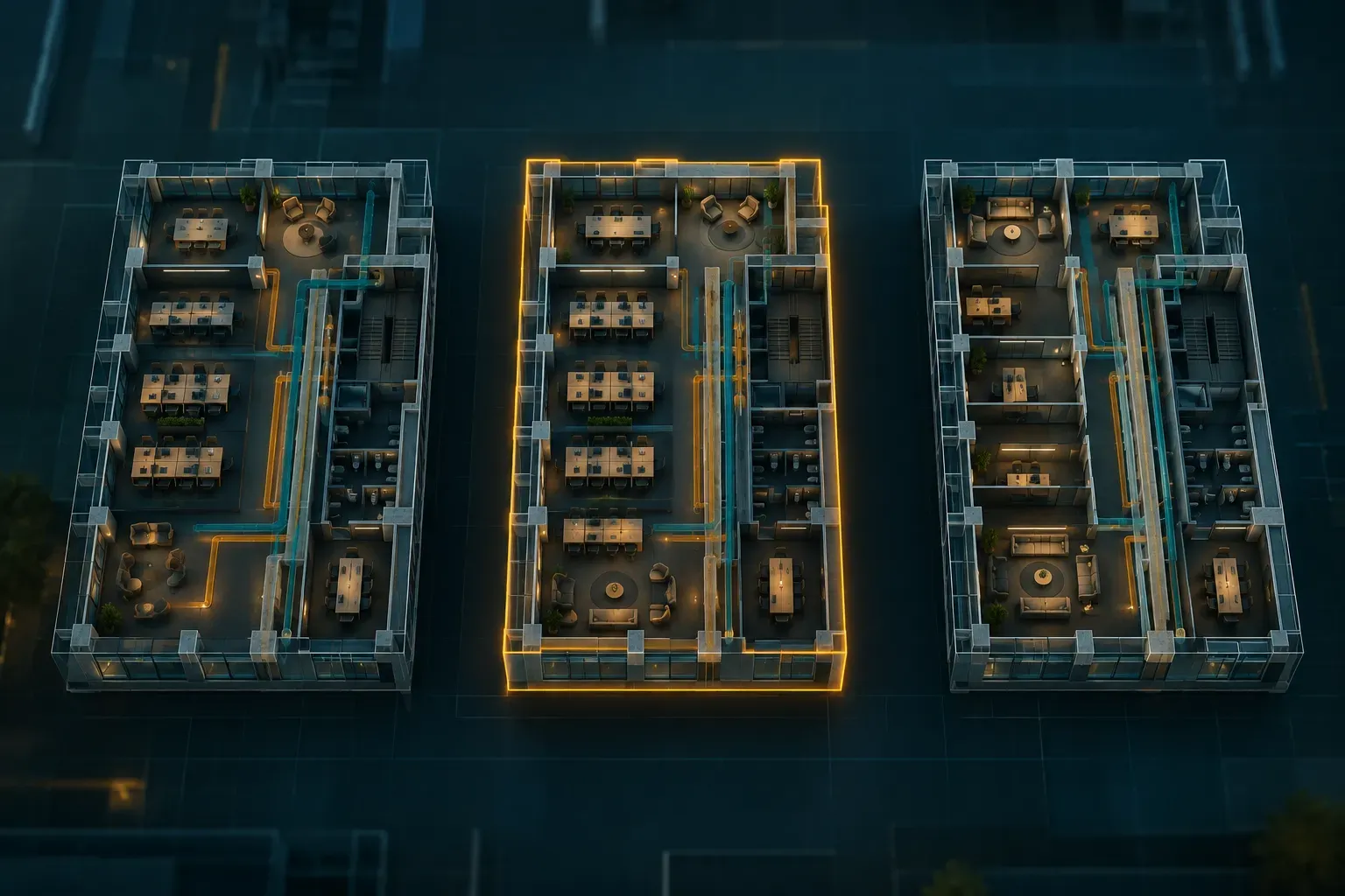 Top-down 3D view of three alternative office floor layouts, the optimised one outlined in amber