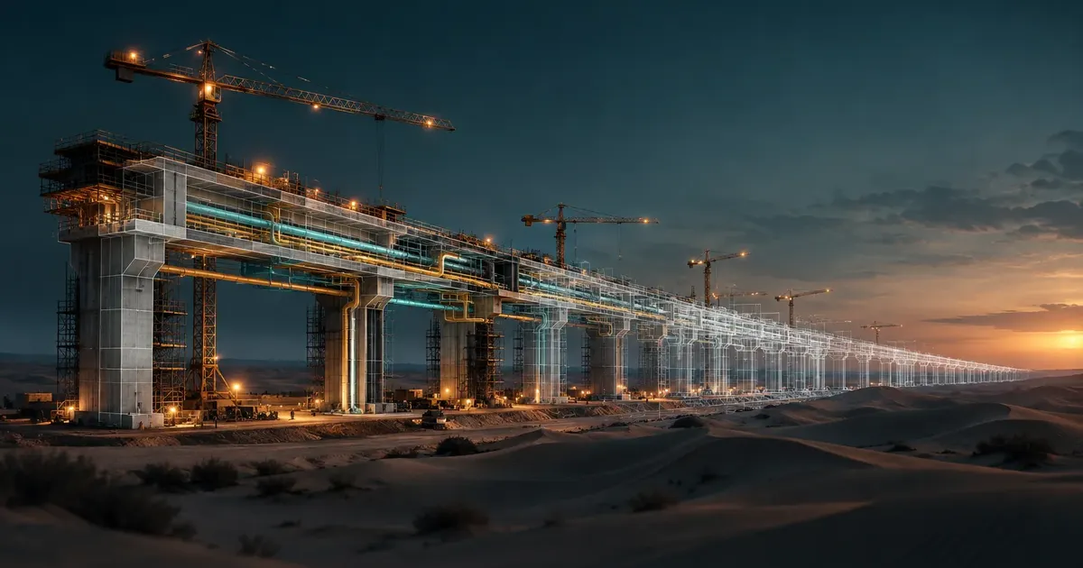 Desert megaproject under construction at dusk, with tower cranes and a BIM wireframe extending the unfinished structure