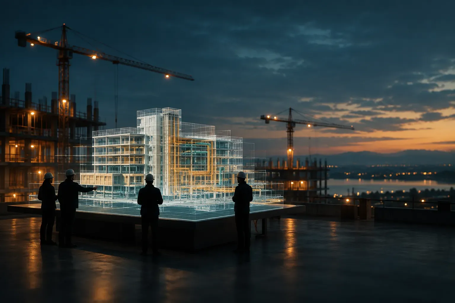 Engineers on a rooftop at dusk reviewing a holographic BIM model of a building, with cranes behind