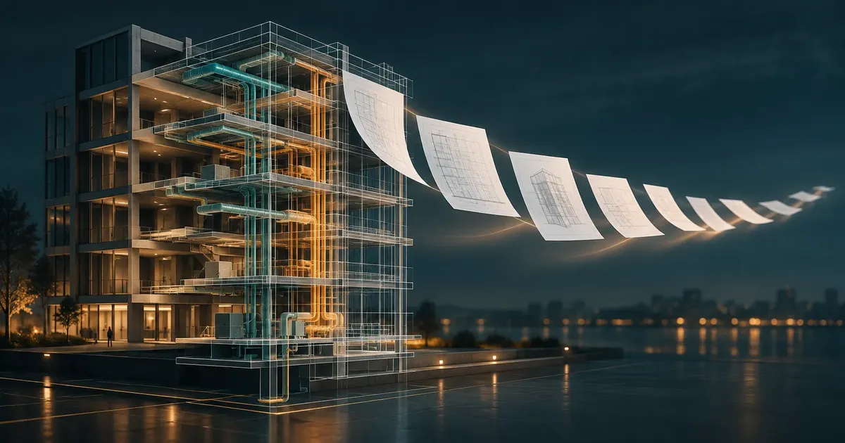 BIM model of a building with drawing sheets streaming out of it, illustrating automated drawing production