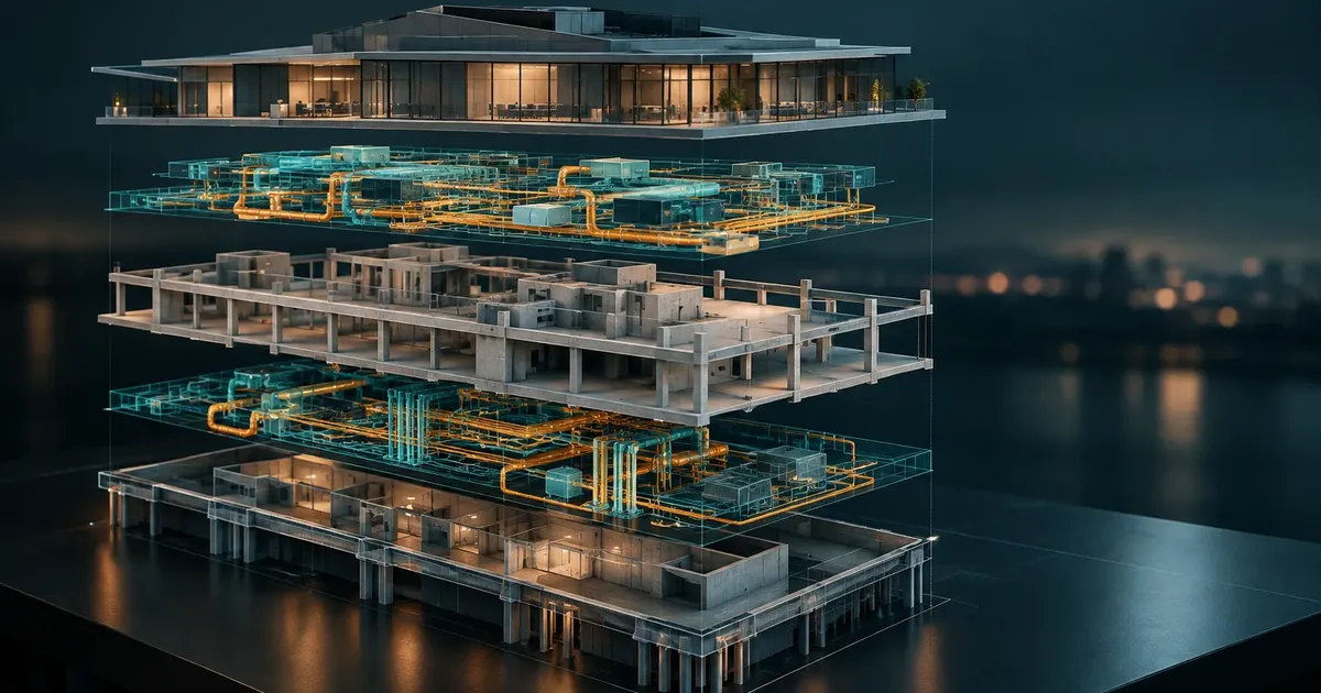 Exploded BIM model separated into layers by discipline: architecture, structure and MEP