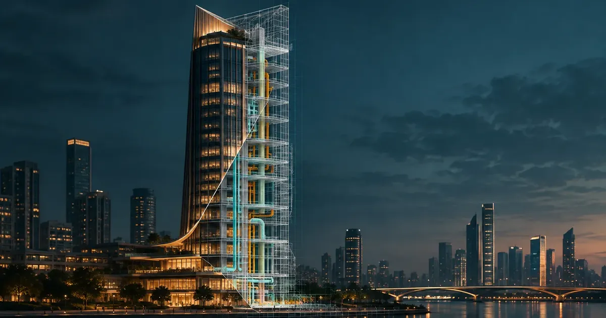 Tower at blue hour, half finished building and half BIM wireframe model
