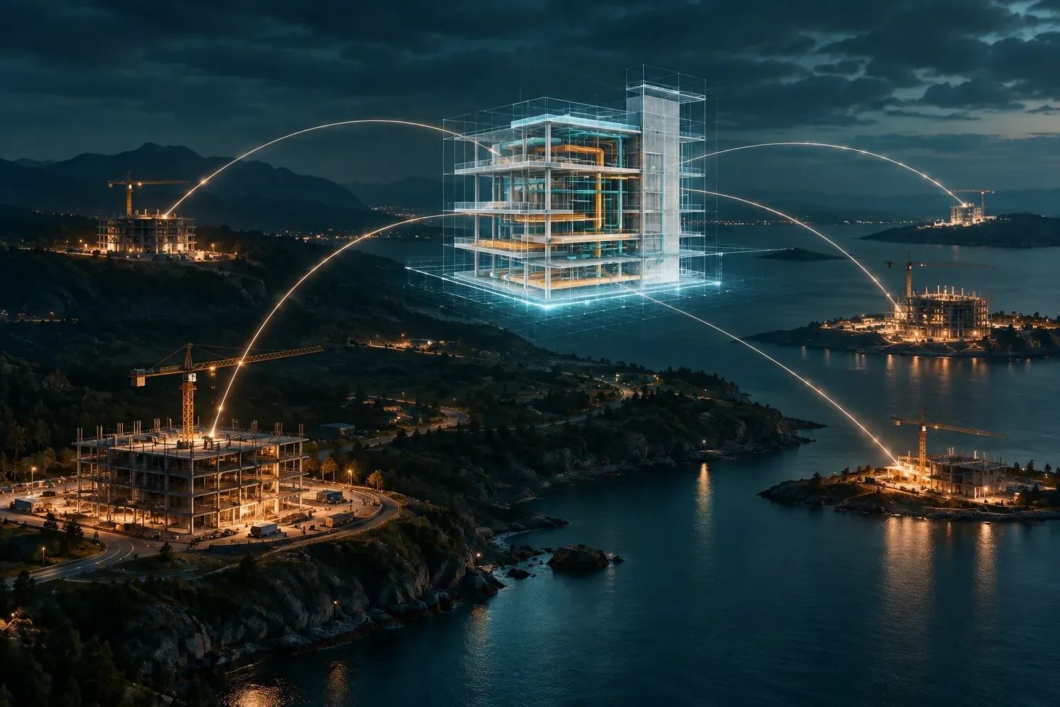 Several construction sites at night connected by arcs of light to one central BIM model