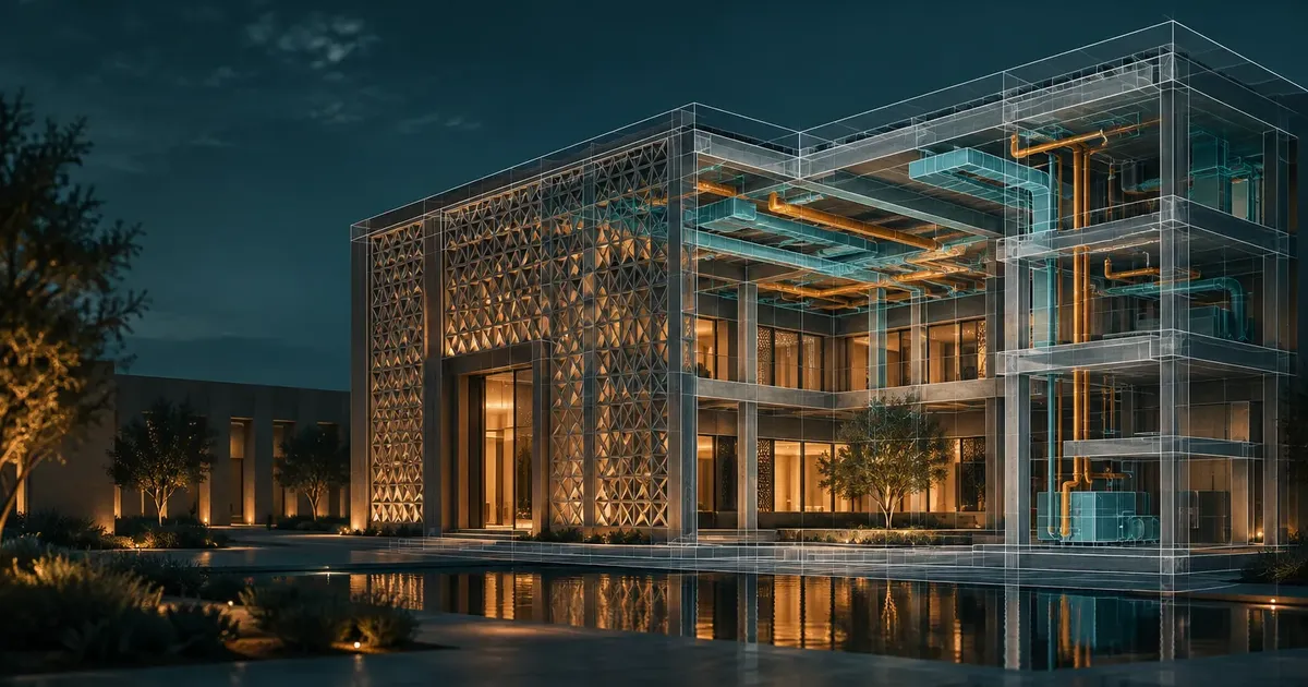 Contemporary Saudi-inspired courtyard building at night with a transparent BIM overlay showing its structure and MEP