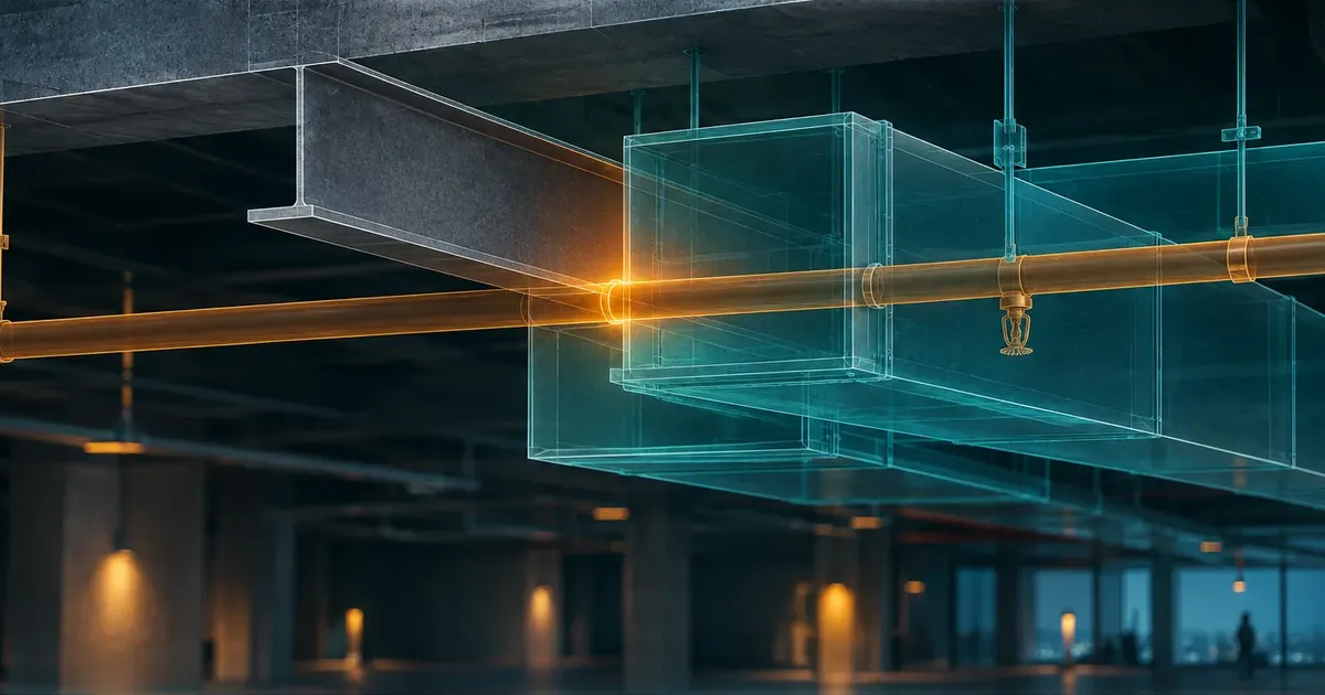 Clash between a steel beam and a sprinkler pipe in a ceiling void, the clash point highlighted in amber