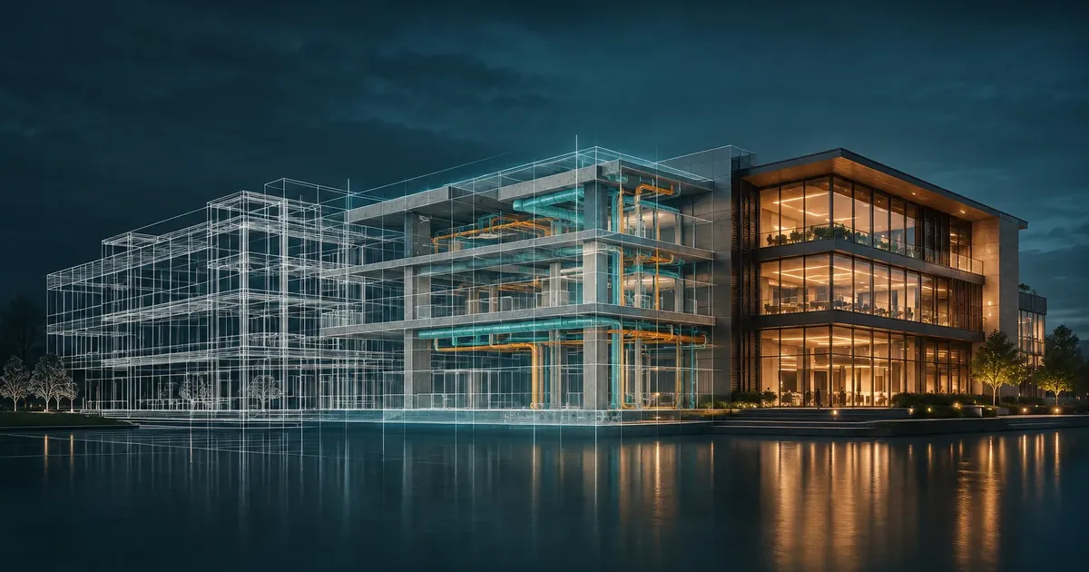 One building shown from wireframe concept to BIM model to finished, lit building