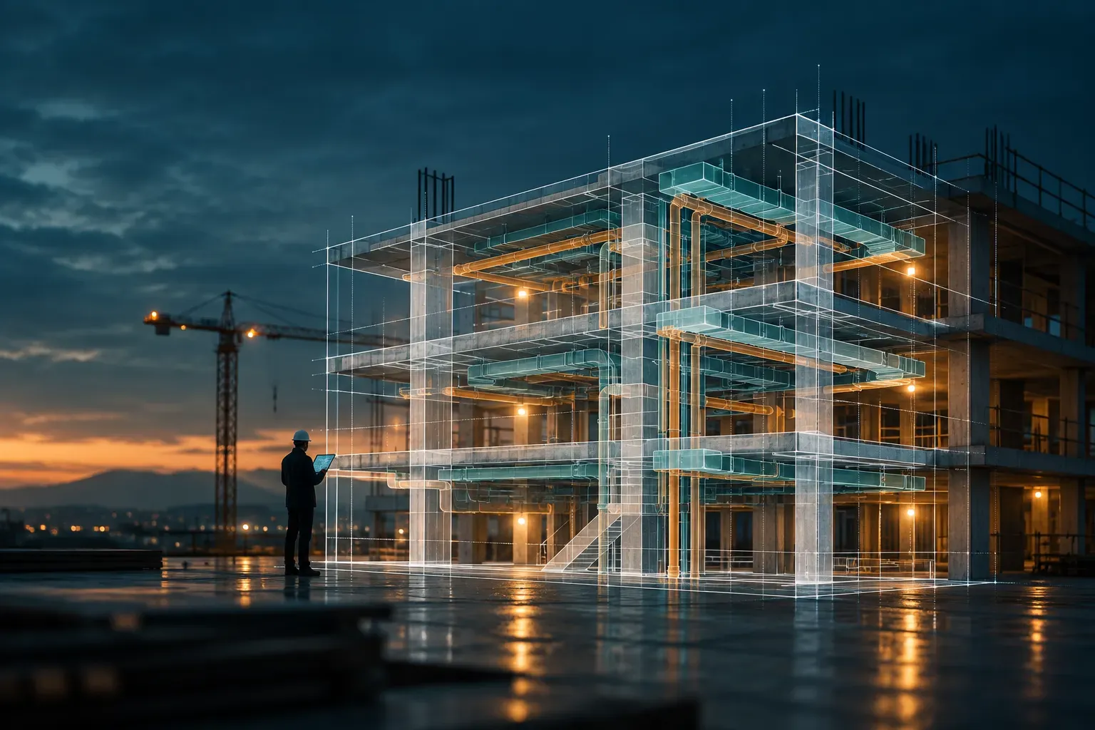 Site engineer checking a translucent BIM model overlaid on the real concrete frame at dusk