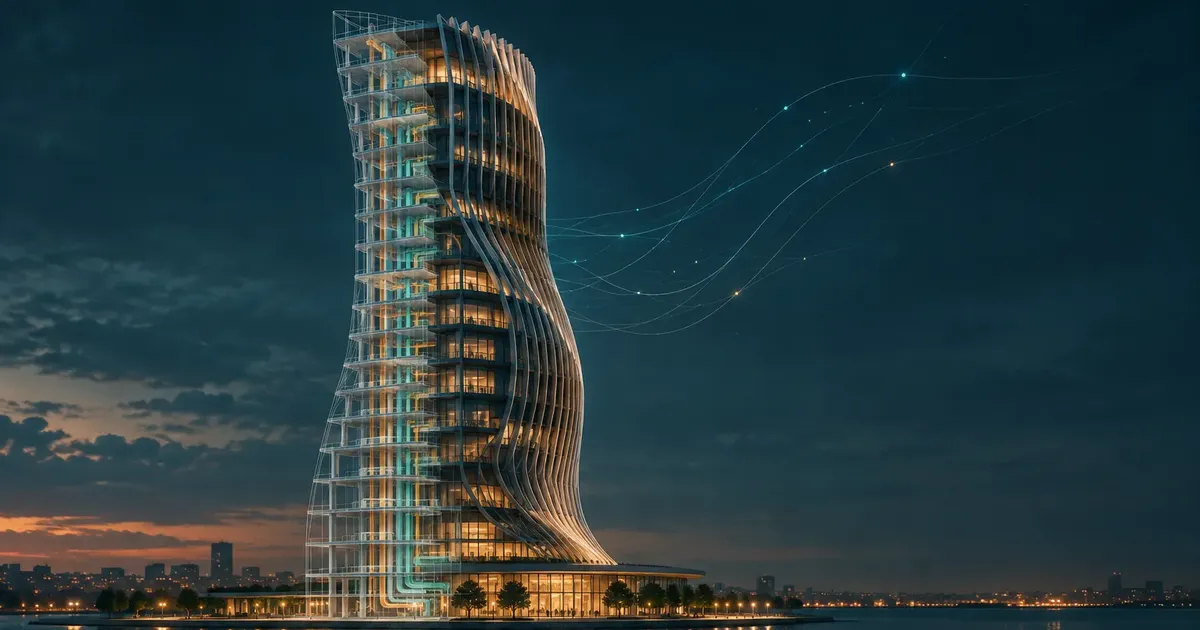 Curving parametric tower with adaptive façade fins, with node-based design lines in the background