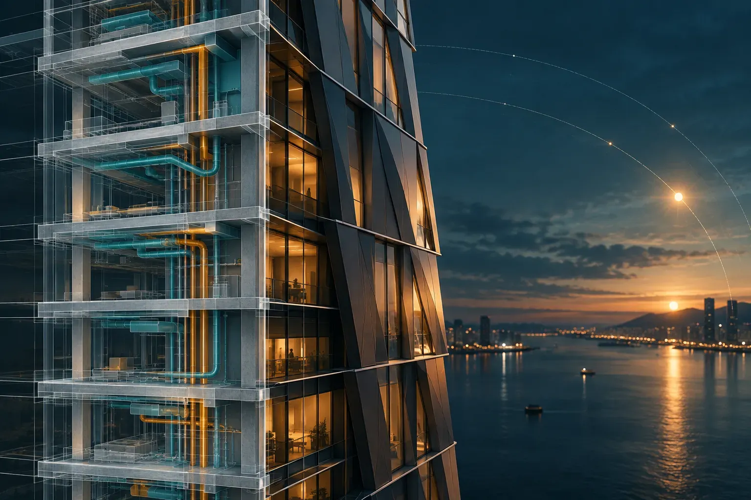 Building corner with façade panels angled to the sun, part cut away as a BIM section, with sun-path arcs over a waterfront
