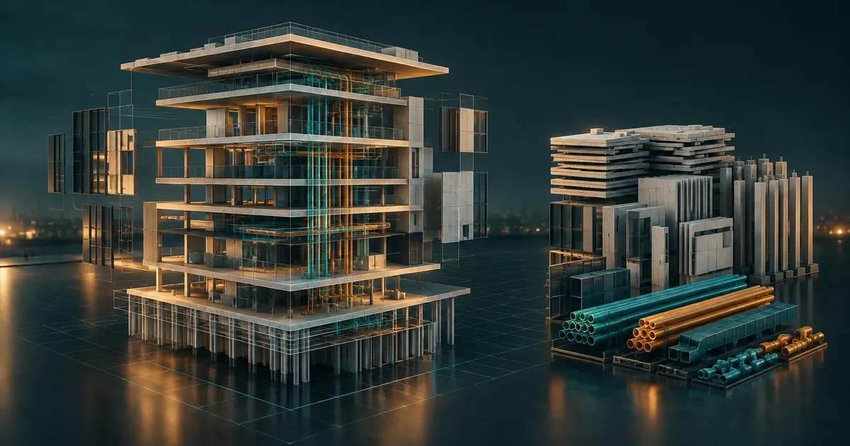BIM model beside its elements sorted by type, illustrating automated quantity takeoff