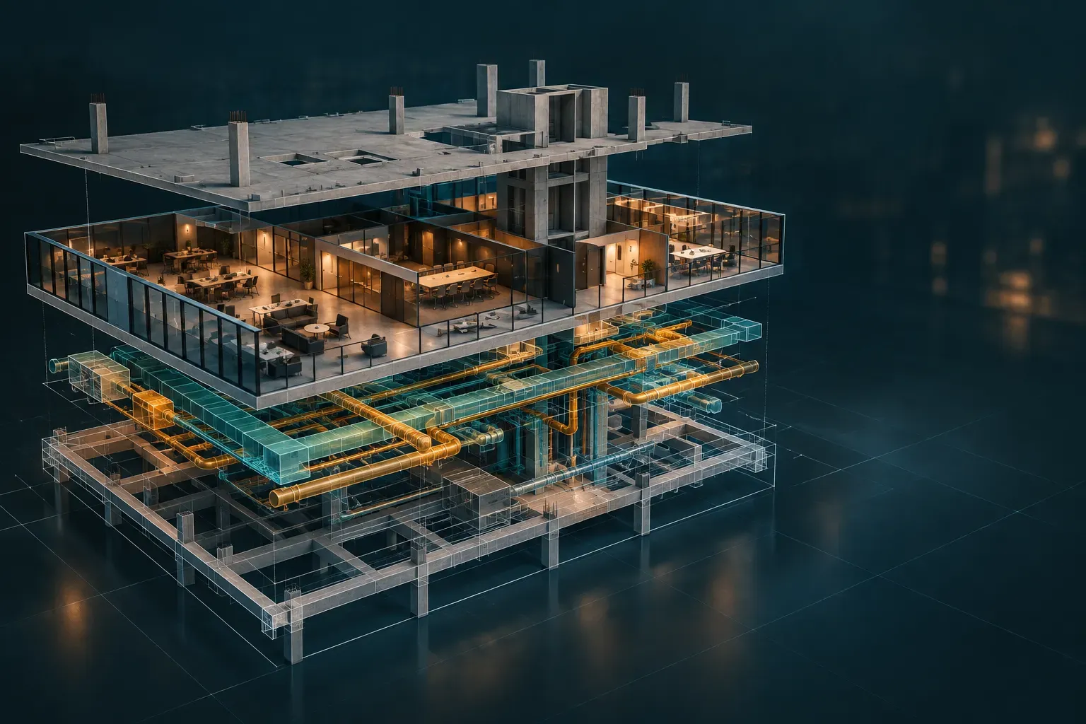 Exploded view of one building floor showing structure, fit-out and MEP layers