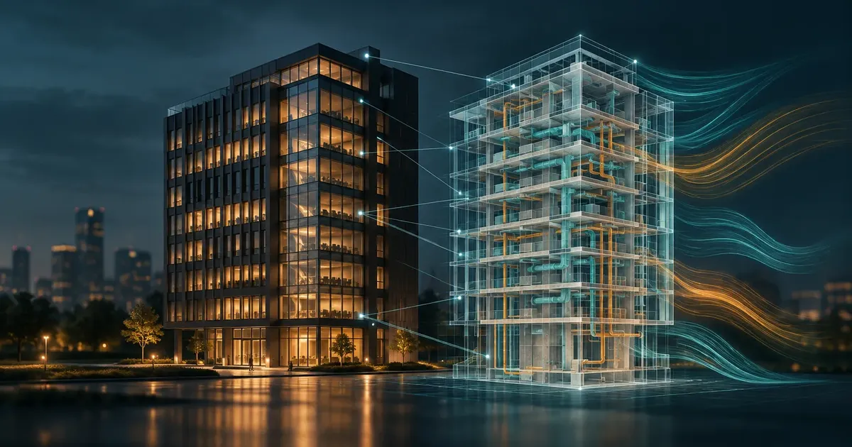 Office building at night beside its digital twin, linked by sensor lines, with airflow simulation streamlines