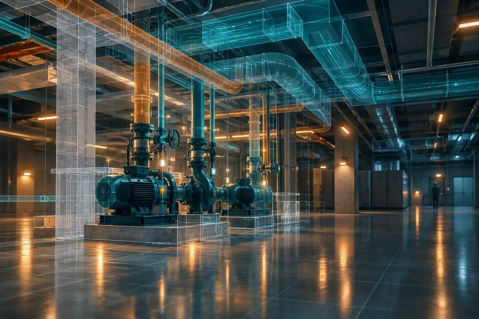 Plant room with pumps and ducts shown as a translucent BIM model with sensor points
